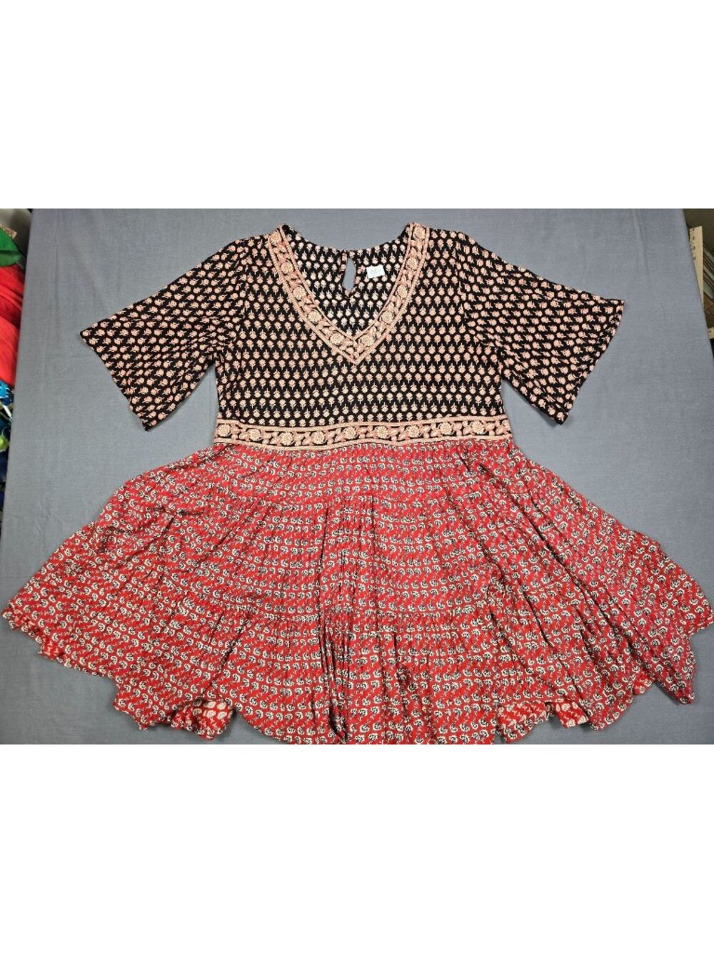 Patrons Of Peace Womens V-Neck Boho Dress Black/Red Floral Pattern Sz L India